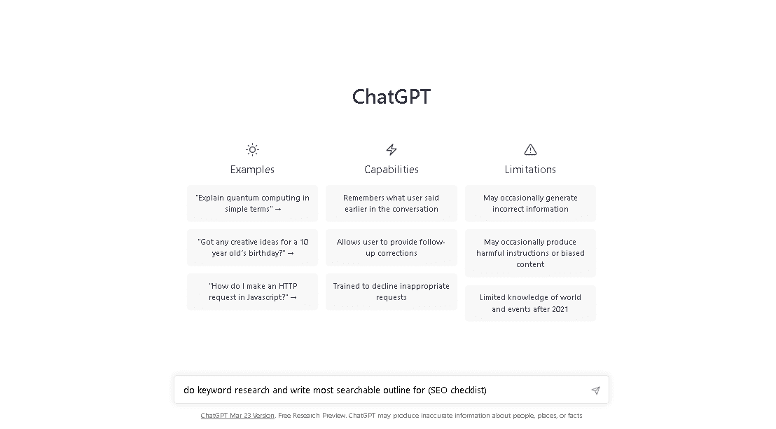 ChatGPT Homepage interface writing some keywords