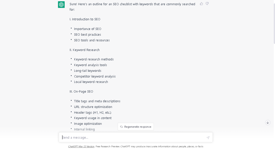 Results in chatgpt for SEO checklist