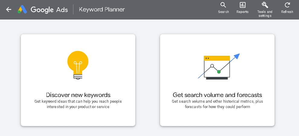 Google Keyword planner homepage