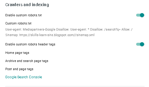 Blogger website indexing and crawling option in settings