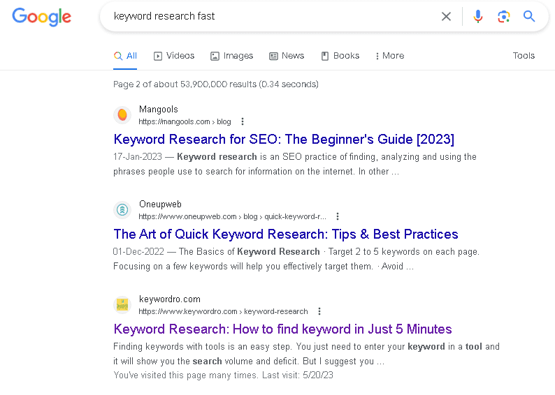 Google SERP Results 2 for my ranking with on-page seo