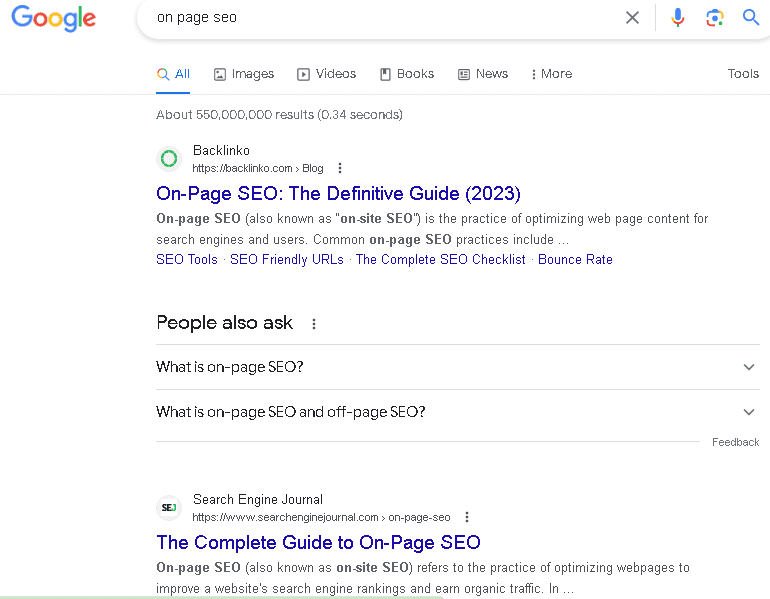 Google SERP Current results for on-page seo